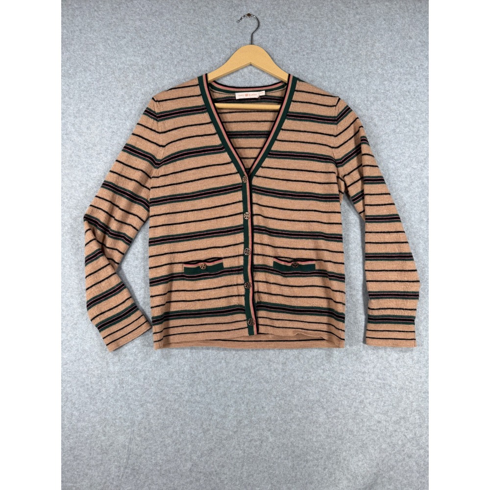 Tory Burch XL Cardigan Preppy Striped Merino Wool Gold Logo Button 60322